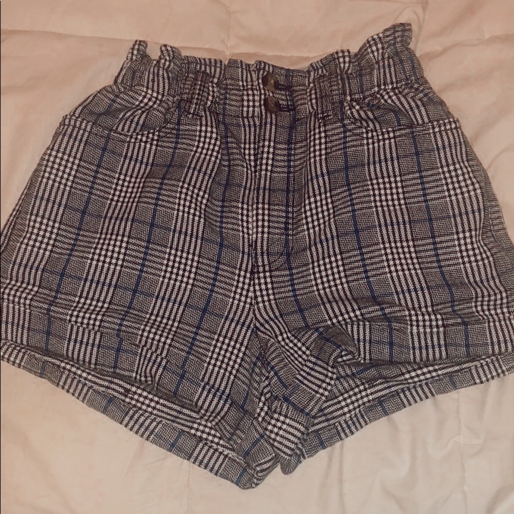 paper bag shorts plaid blue white and black ae